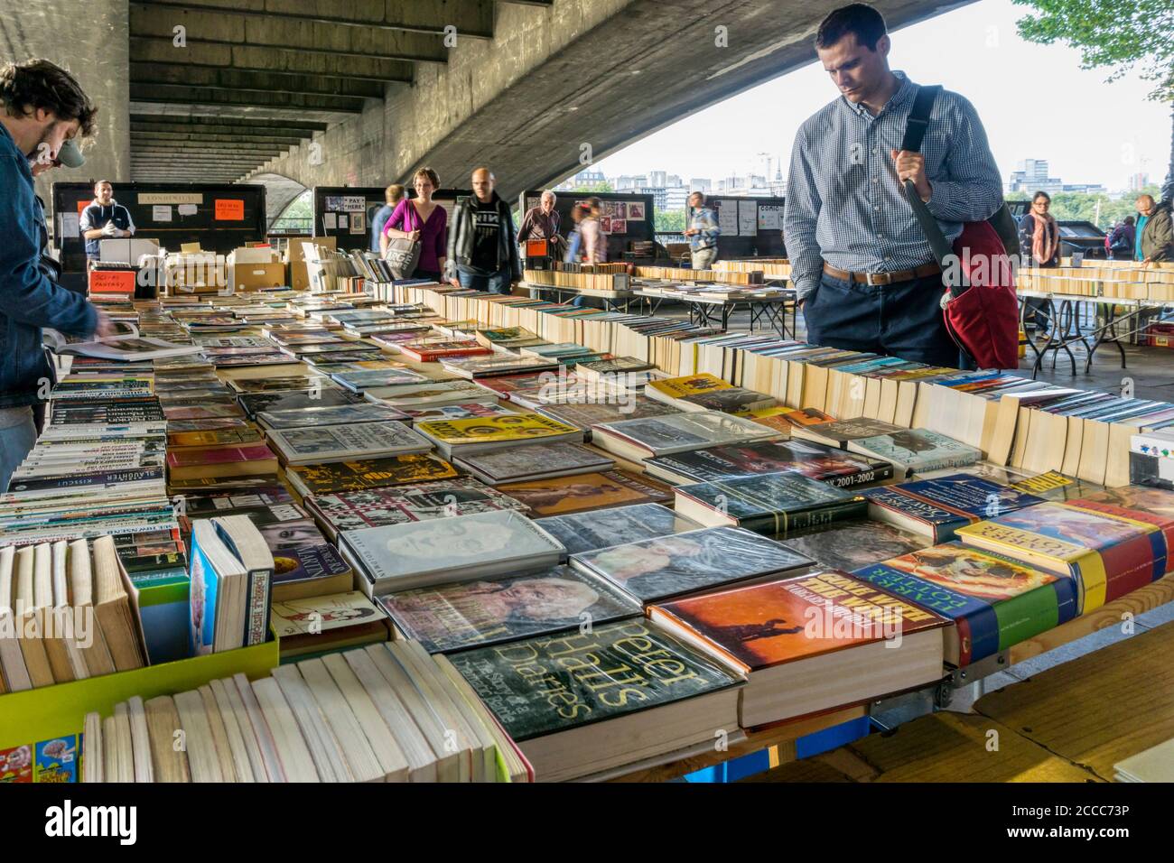People browsing the Southbank book stalls beneath Waterloo Bridge, London. Stock Photo