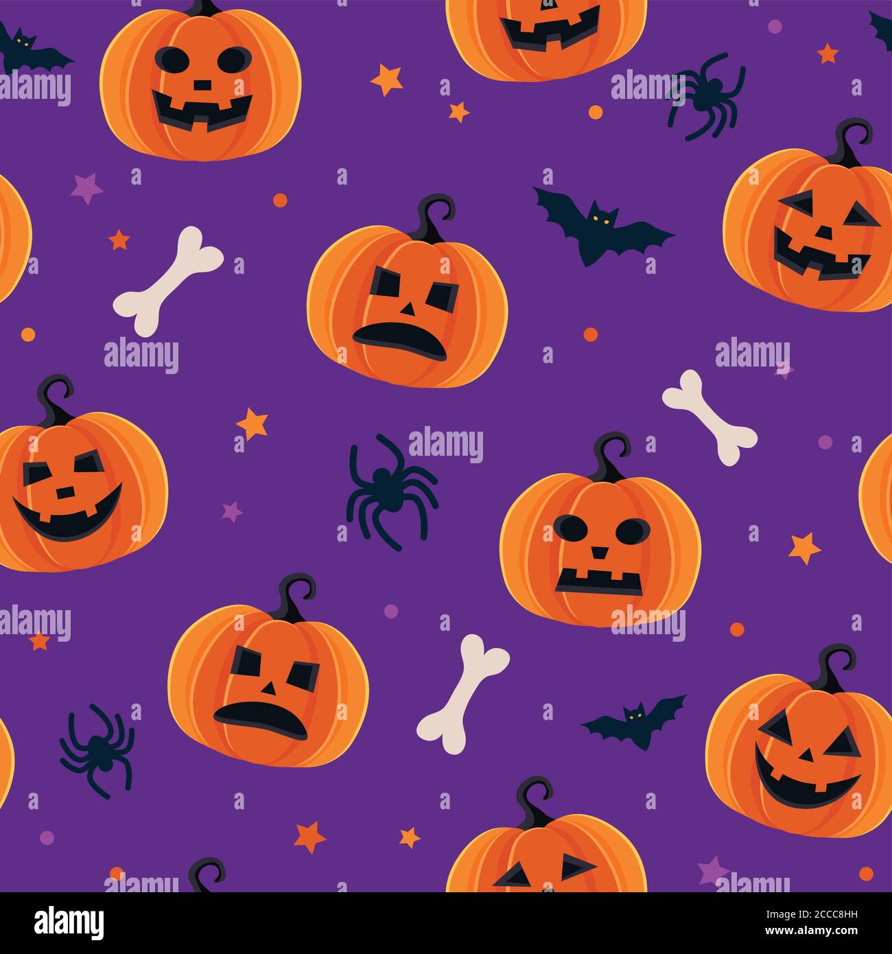 Halloween pattern with different pumpkins, spooky jack o lantern, spiders and bats Stock Vector