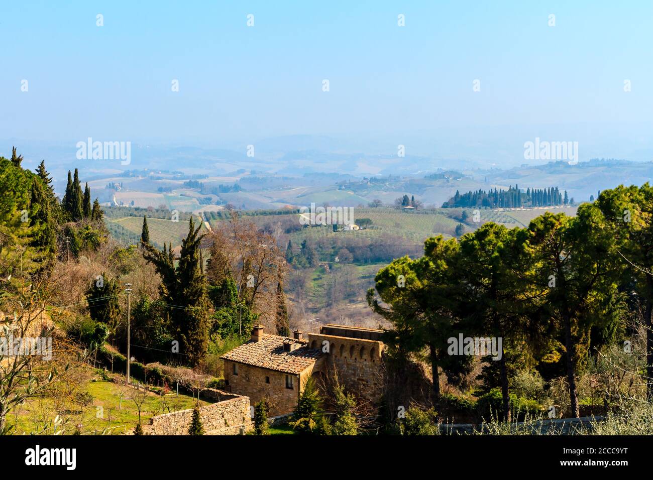 Early foggy morning. Beautiful spring landscape in Tuscany, Italy, Europe Stock Photo