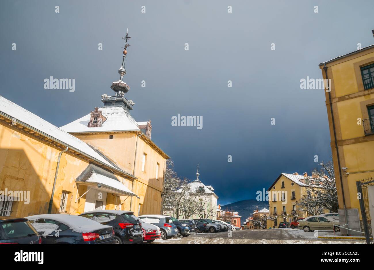 Snow covered street. La Granja de San Ildefonso, Segovia province, Castilla Leon, Spain. Stock Photo