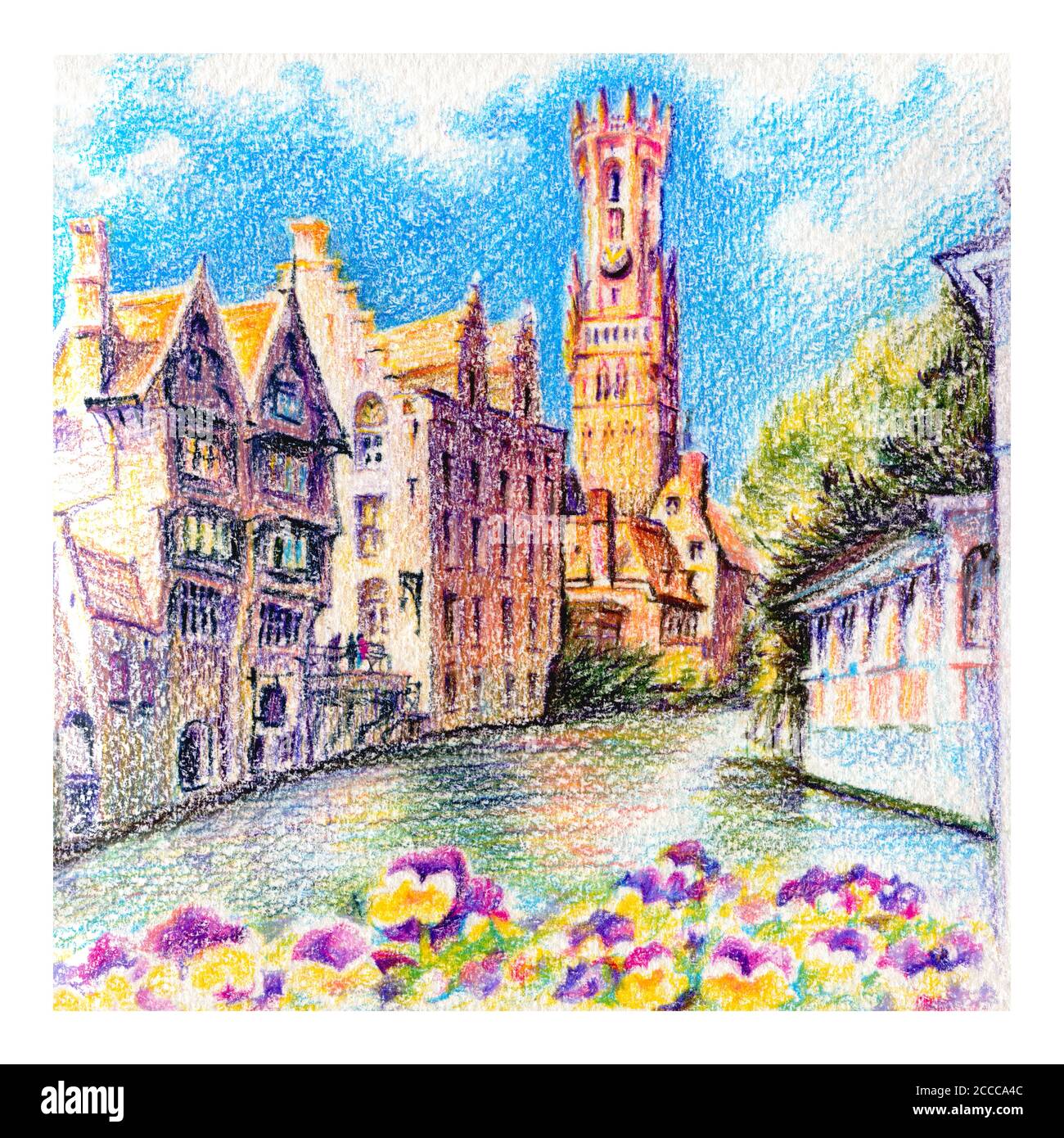 Urban sketch of Rozenhoedkaai canal in Bruges with the belfry in the background, Belgium. Drawing with colored pencils Stock Photo