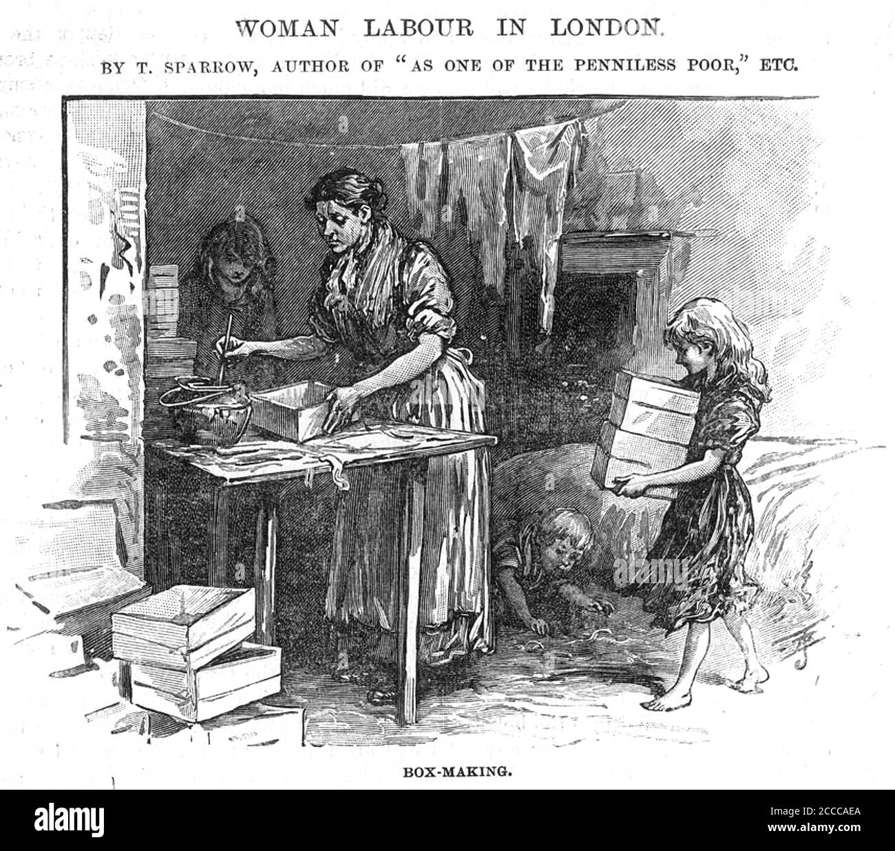 POVERTY IN VICTORIAN ENGLAND A woman box maker is helped by her daughter. Stock Photo