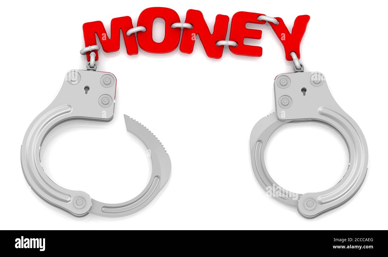 Money as limiter of freedom. Steel handcuffs with red word MONEY ...