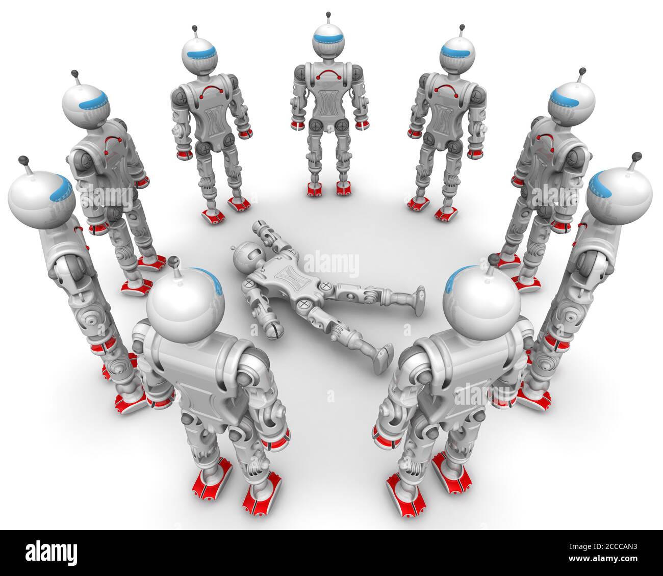 Defective robot surrounded operable. Operable humanoid robots standing in a cirсle on a white surface around a faulty robot. 3D illustration Stock Photo
