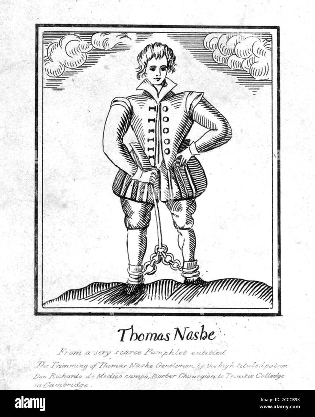 THOMAS NASHE (1567- c 1601) Elizabethan playwright and pamphleteer. This woodcut from Richard Lichfield's pamphlet The Trimming of Thomas Nashe, Gentleman published in 1597 satirises Nashe as a jailbird. Stock Photo