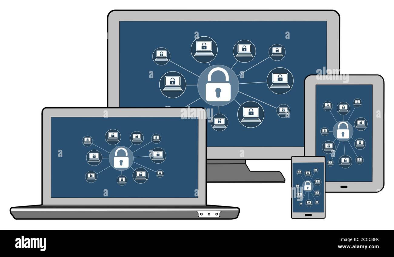 Cyber security concept shown on different information technology devices Stock Photo