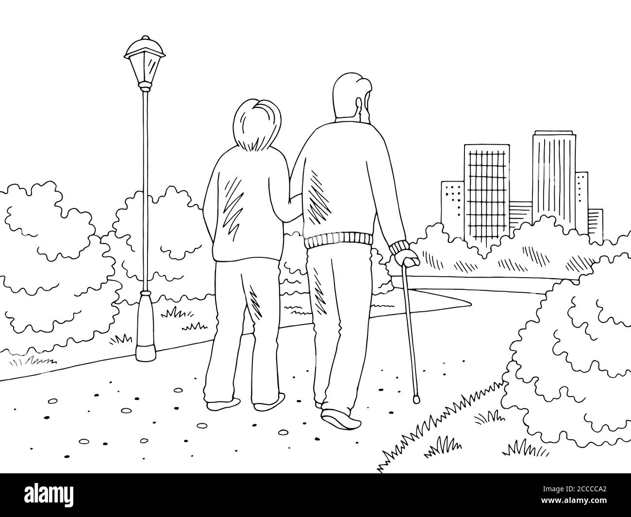 Elderly people walking in the park graphic black white landscape sketch illustration vector Stock Vector