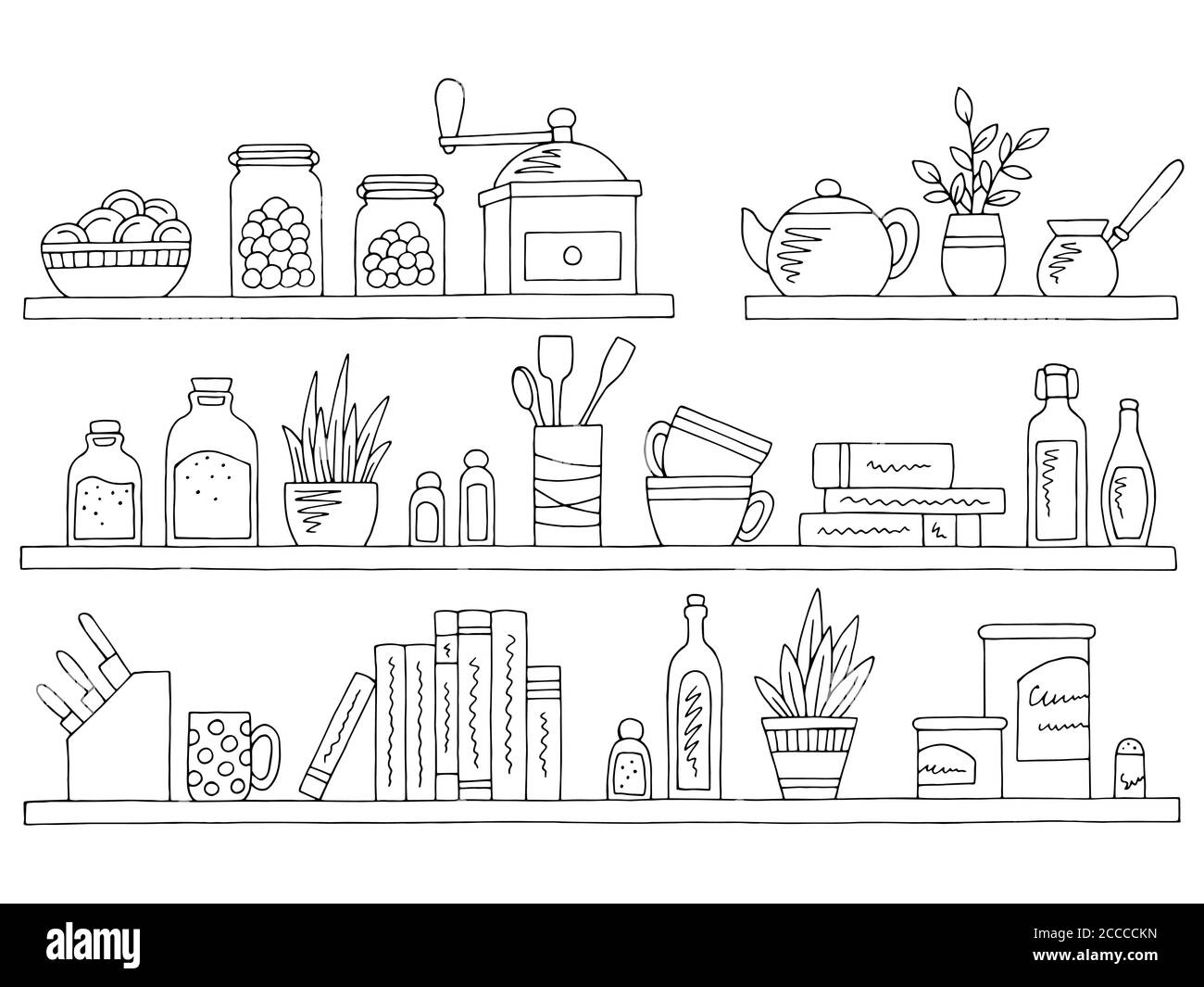 Shelves set graphic black white isolated kitchenware sketch illustration vector Stock Vector