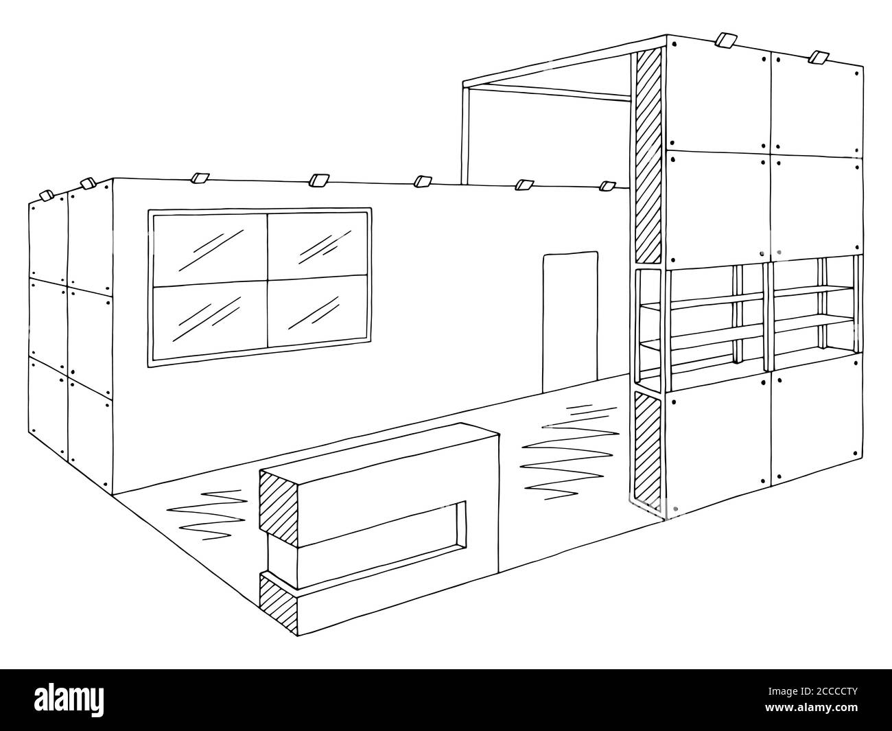 Exhibition stand graphic interior black white sketch illustration vector Stock Vector