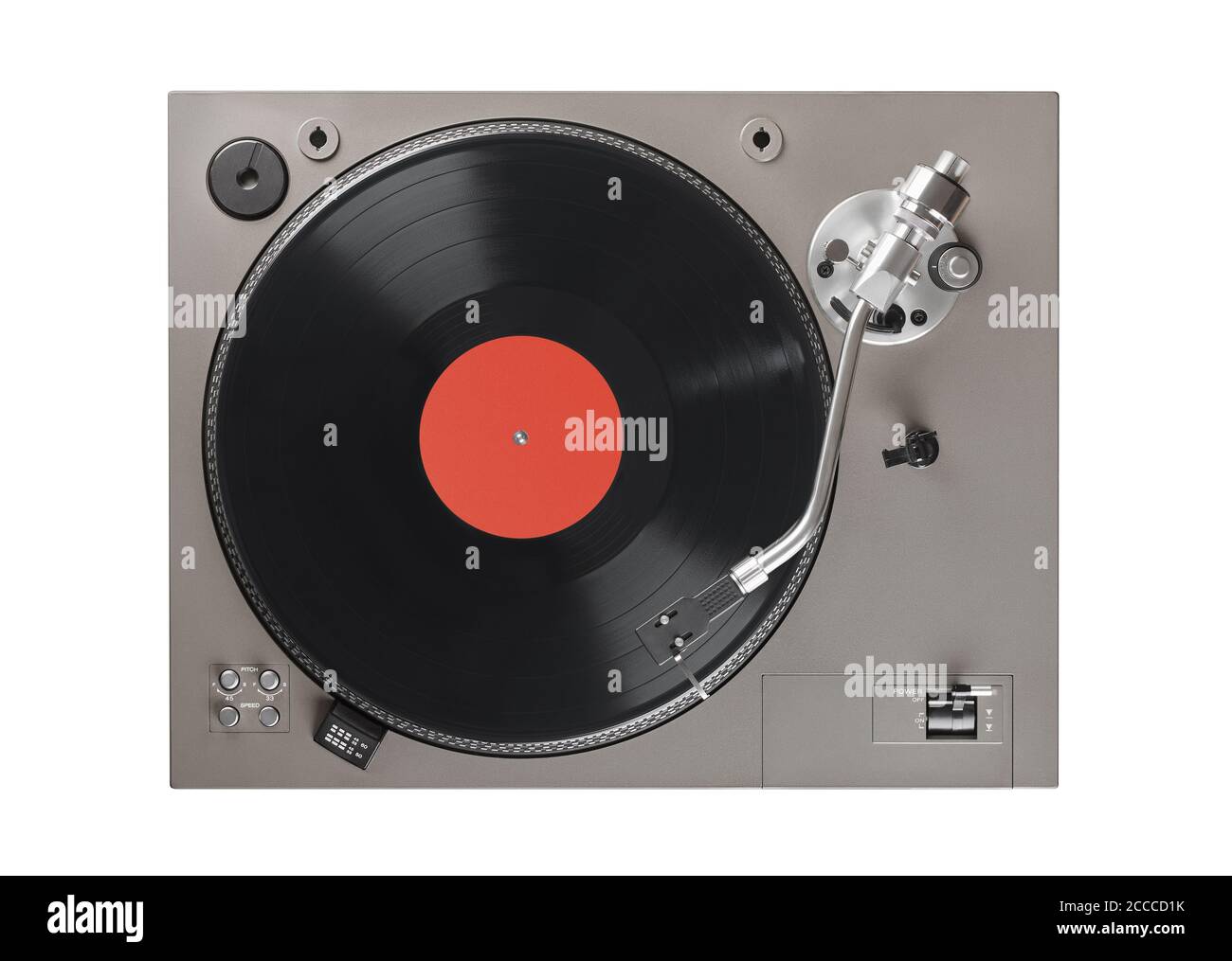 old turntable with lp vinyl record top view. Clipping path. Stock Photo