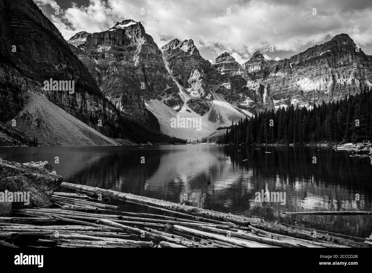 Dramatic black and white of Glacial Moraine Lake in the Valley of the Ten Peaks, Banff National Park, Alberta, Canada Stock Photo