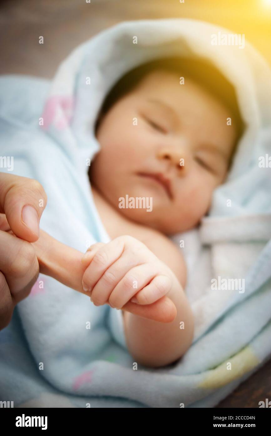 Concept of love and family relationship : close up newborn Asian baby hand hold round of mother finger with morning light, Asia baby portrait . Stock Photo