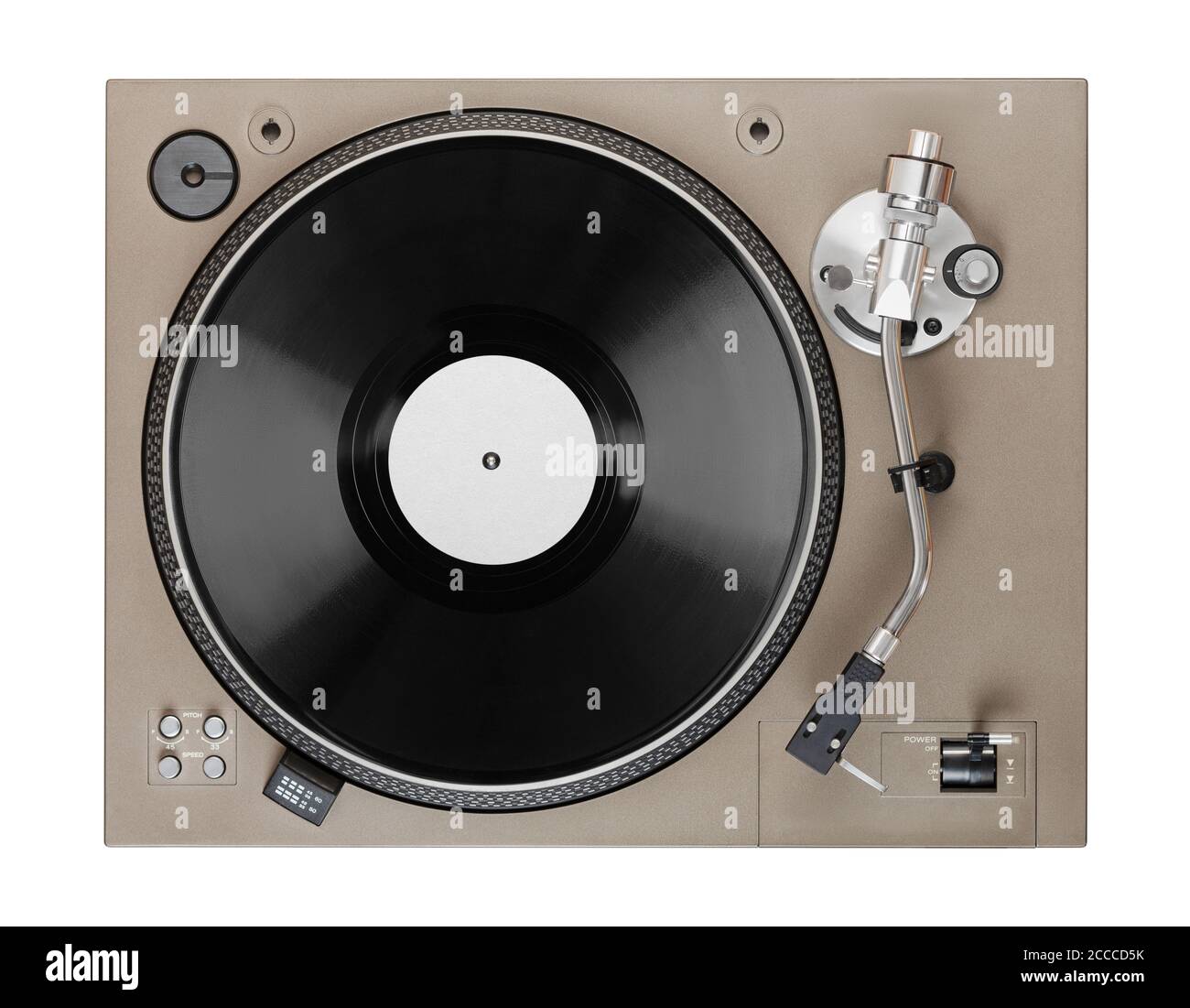 old turntable with lp vinyl record top view. Clipping path. Stock Photo