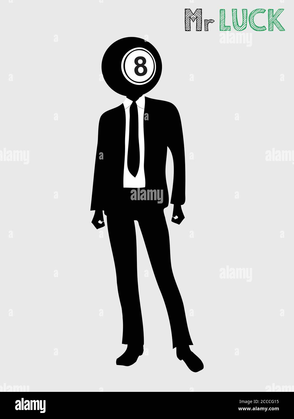 Black and White Silhouette of Suited Man With Bingo Lotto Ball Number Eight As Head And Decorative Text Mr Luck Over White Background Stock Vector