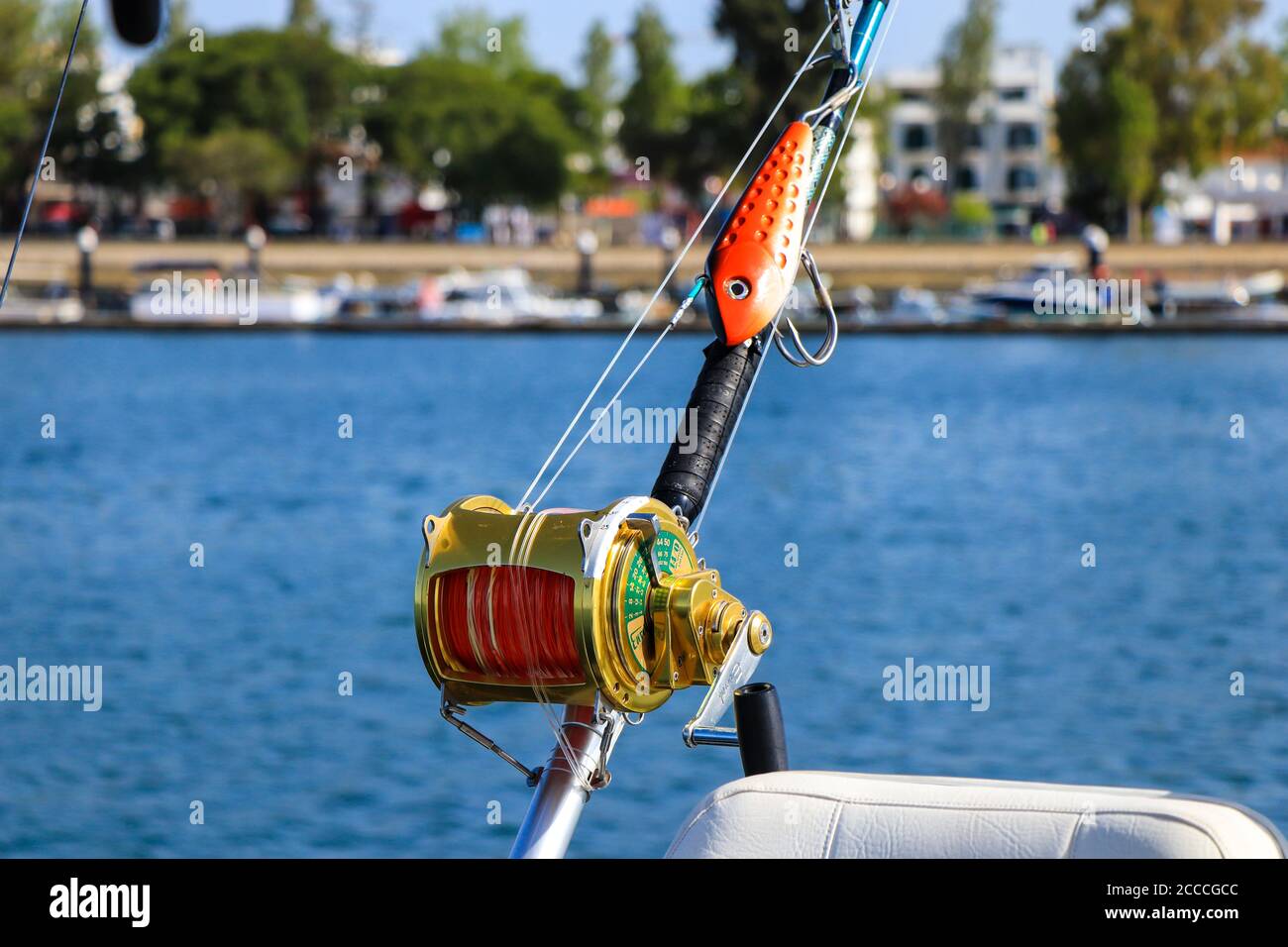Deep Sea Fishing Reel on a boat Stock Photo