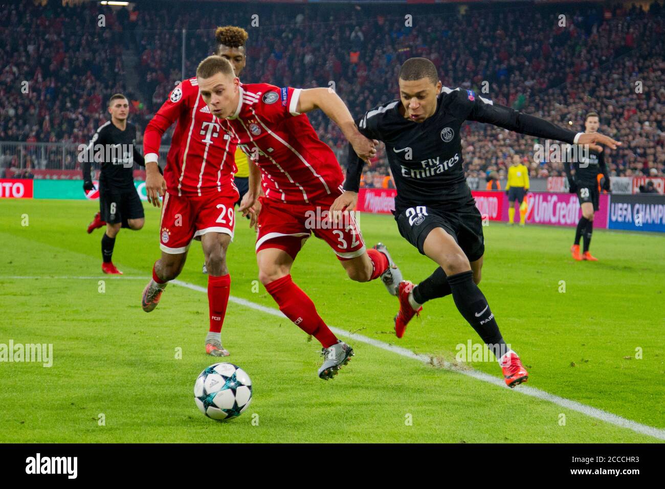 Preview of the 2020 Champions League Final Paris St.Germain-FC Bayern  Munich on August 23, 2020. Archive photo; Joshua KIMMICH (# 32, M) in duels  with Kylian MBAPPE (# 29, PG). Soccer, FC