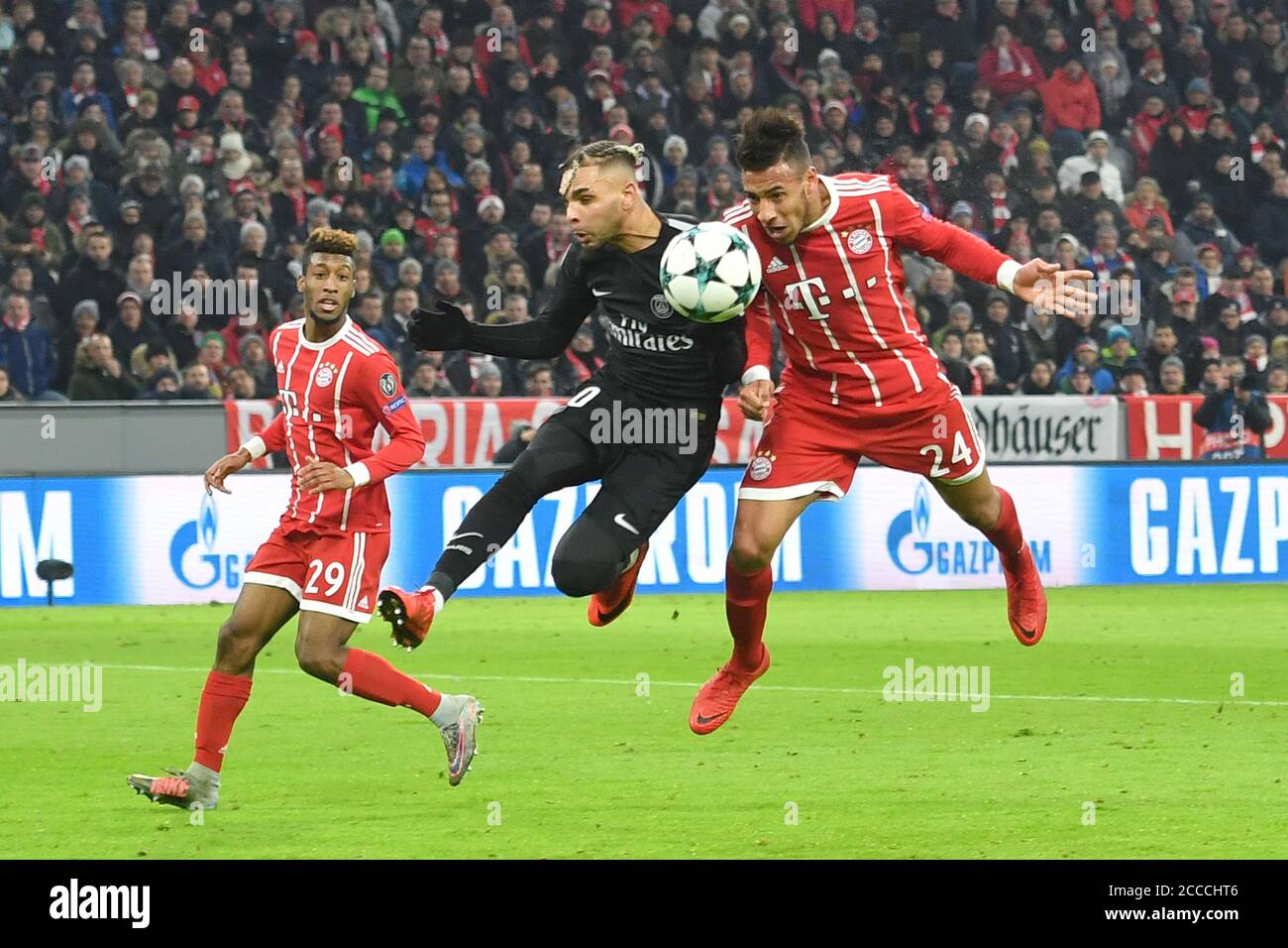 Preview of the 2020 Champions League Final Paris St.Germain-FC Bayern  Munich on August 23, 2020. Archive photo; Corentin TOLISSO (right, FC  Bayern Munich) heads the ball the goal for 2-0 versus Layvin