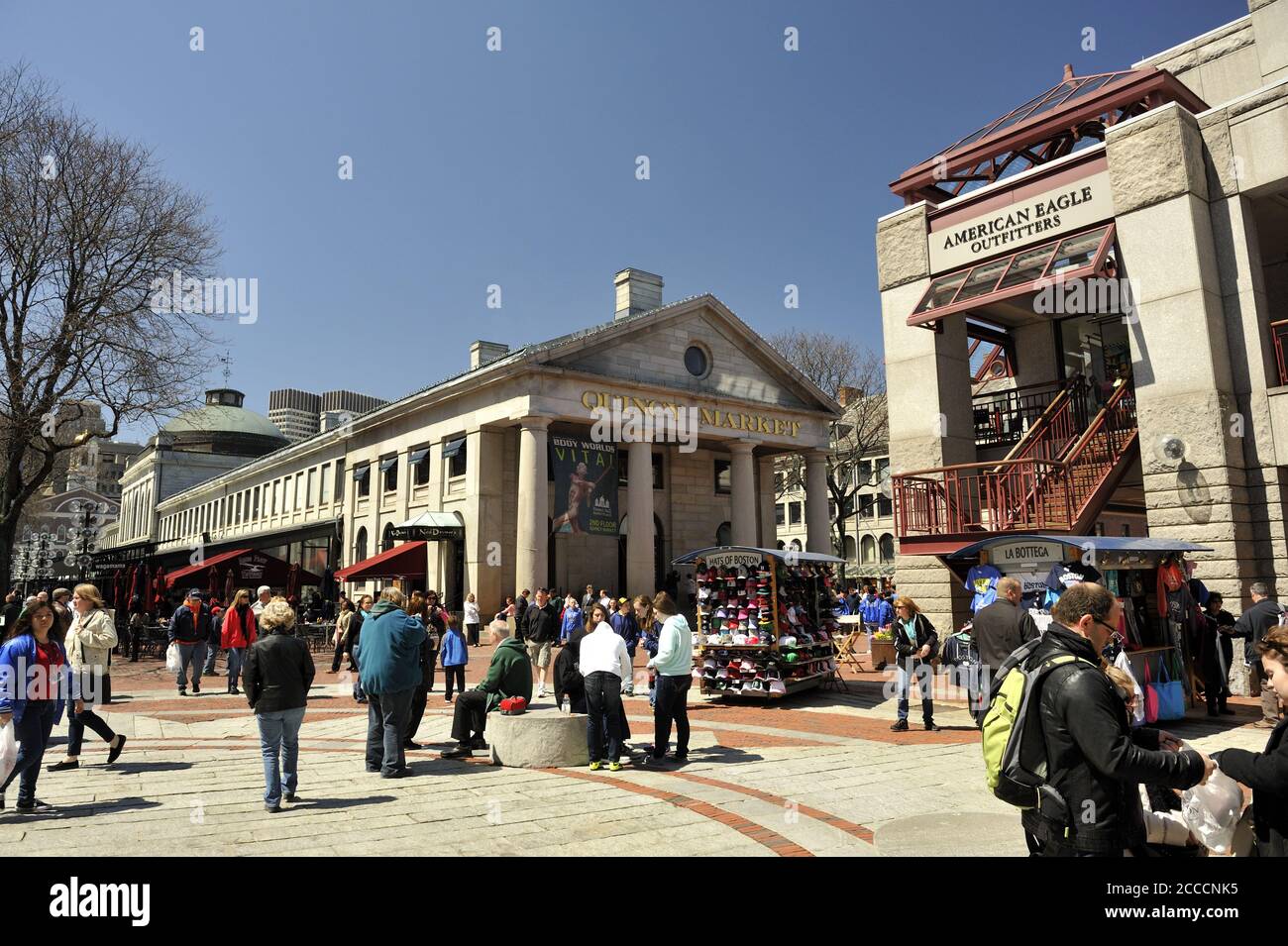 View with people of Quincy Market, historic market complex near Faneuil