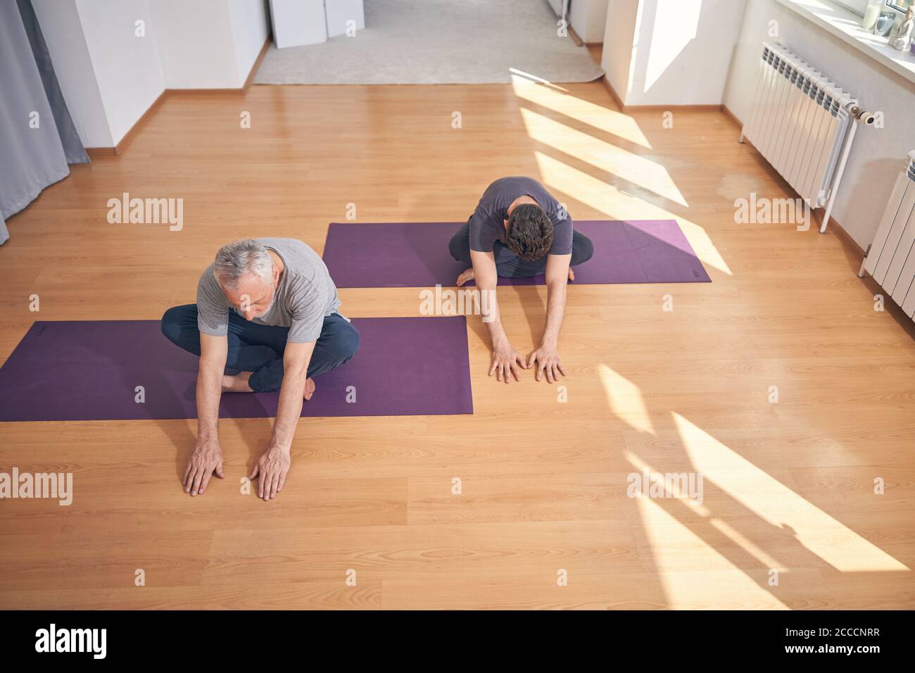 Professional yogis stretching together in a fitness studio Stock Photo