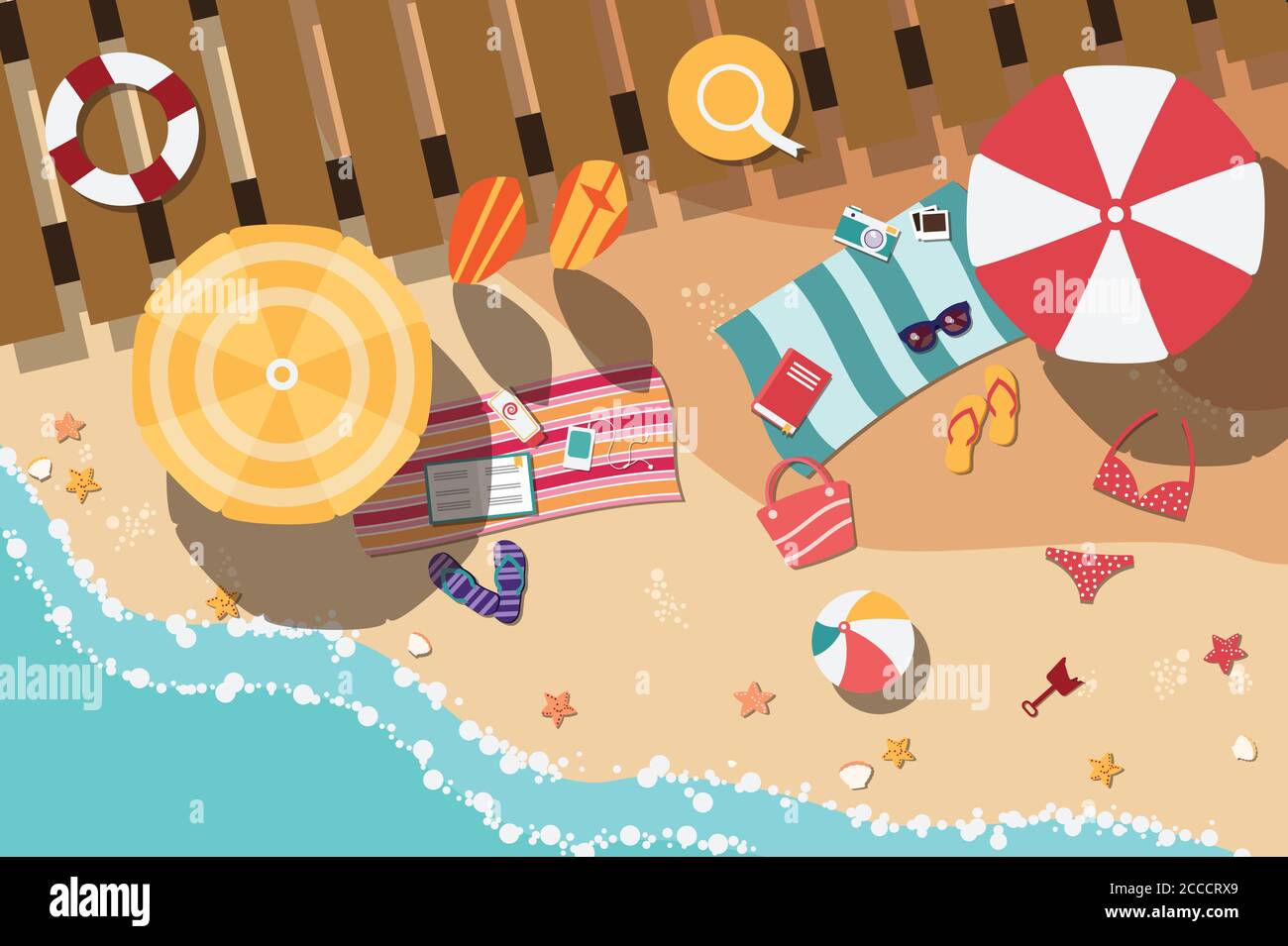 Summer beach in flat design, sea side and beach items Stock Vector