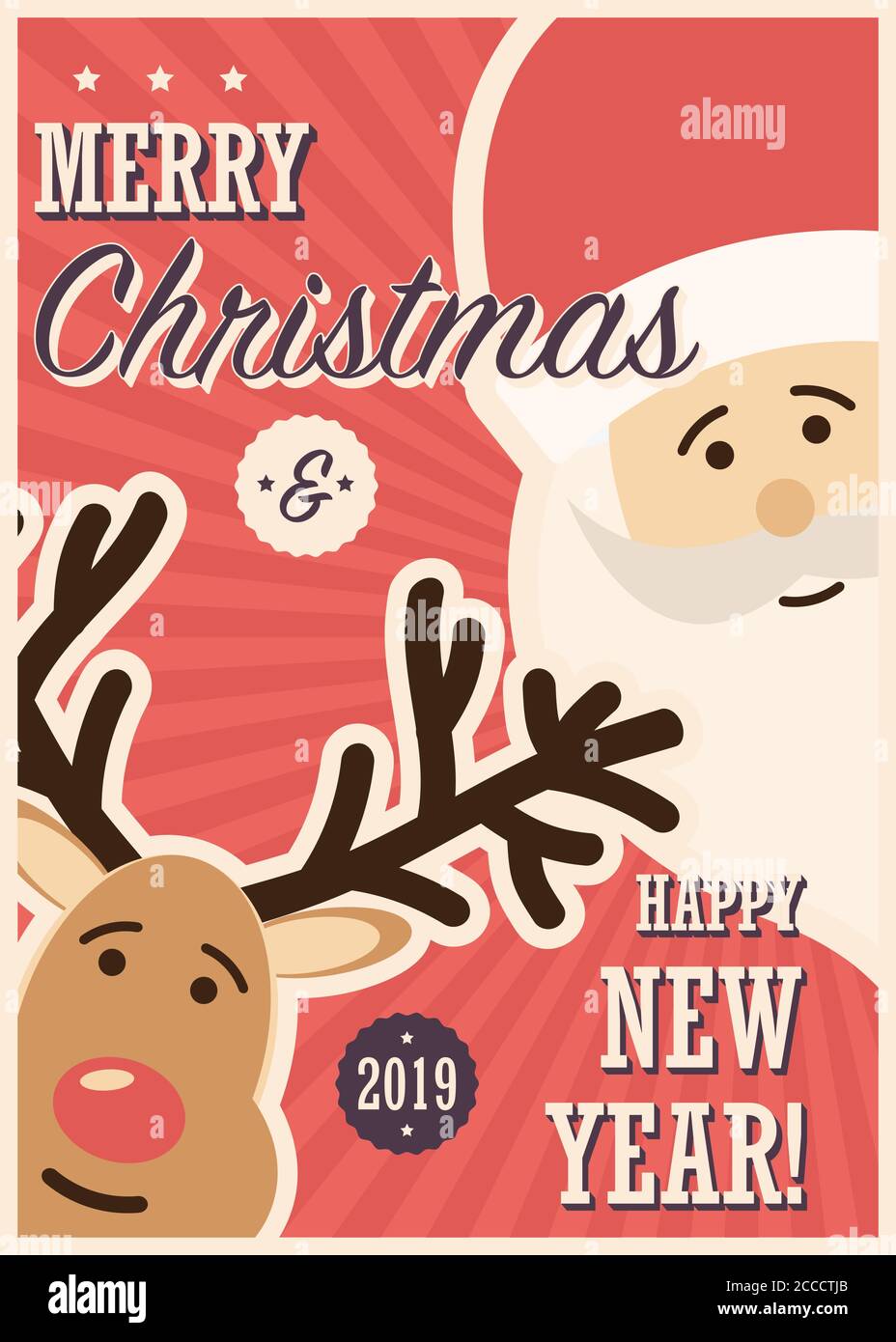 Merry Christmas card with Santa Claus and reindeer, vector illustration ...