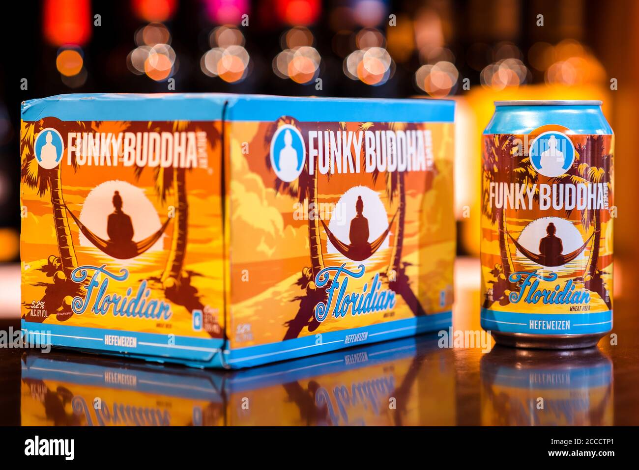 SAN PEDRO SUL, HONDURAS - Jul 22, 2020: Funky Buddha beer on a wall of vintage wines located in a liquor store Stock Photo