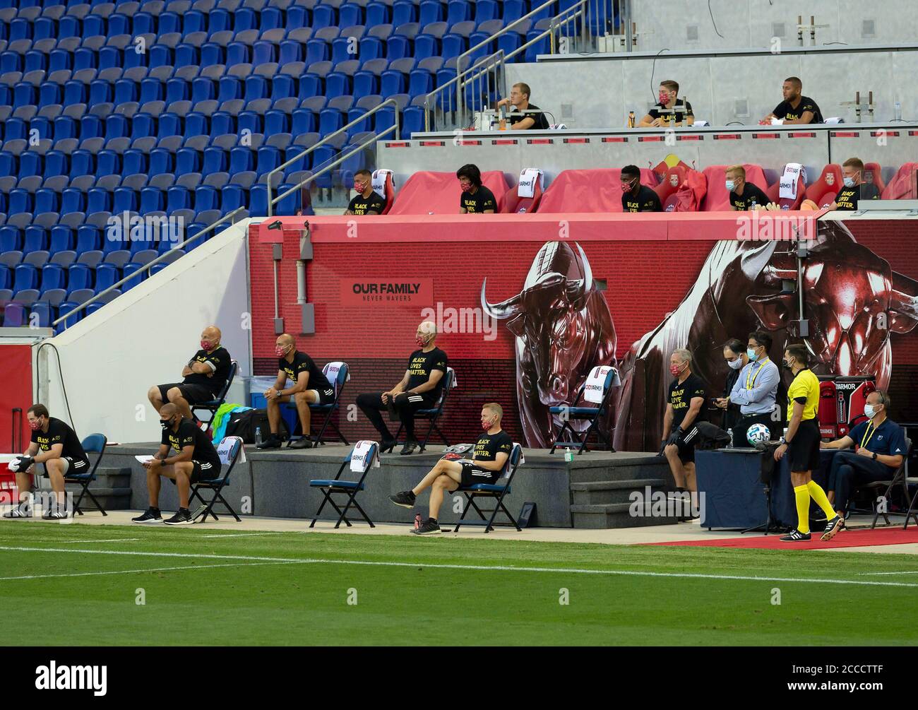 Harrison, United States. 20th Aug, 2020. Bench of Red Bulls staff and  players keeping social distances during MLS regular season game against  NYCFC at Red Bull Arena. Game was played without fans