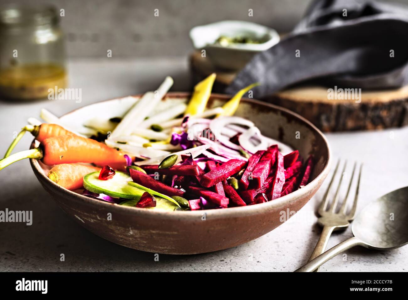 Beetroot with Kohlrabi , Red Cabbage Salad with Wholegrain Mustard Vinaigrette Stock Photo