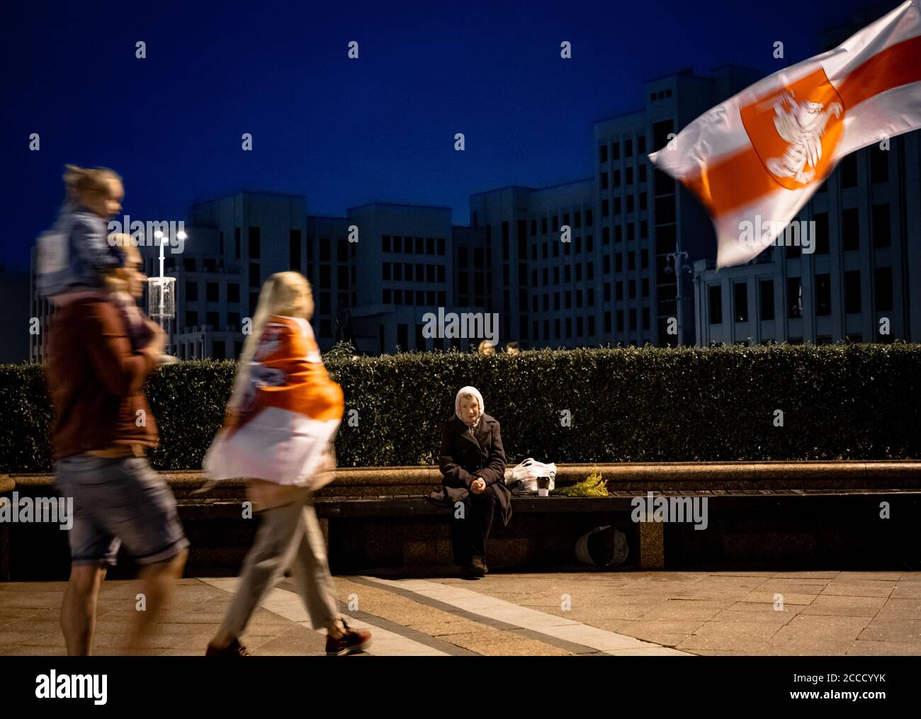 Minsk, Belarus - August 21, 2020: Belarusian people participate in peaceful protest after presidential elections in Belarus on Independence Square in Stock Photo