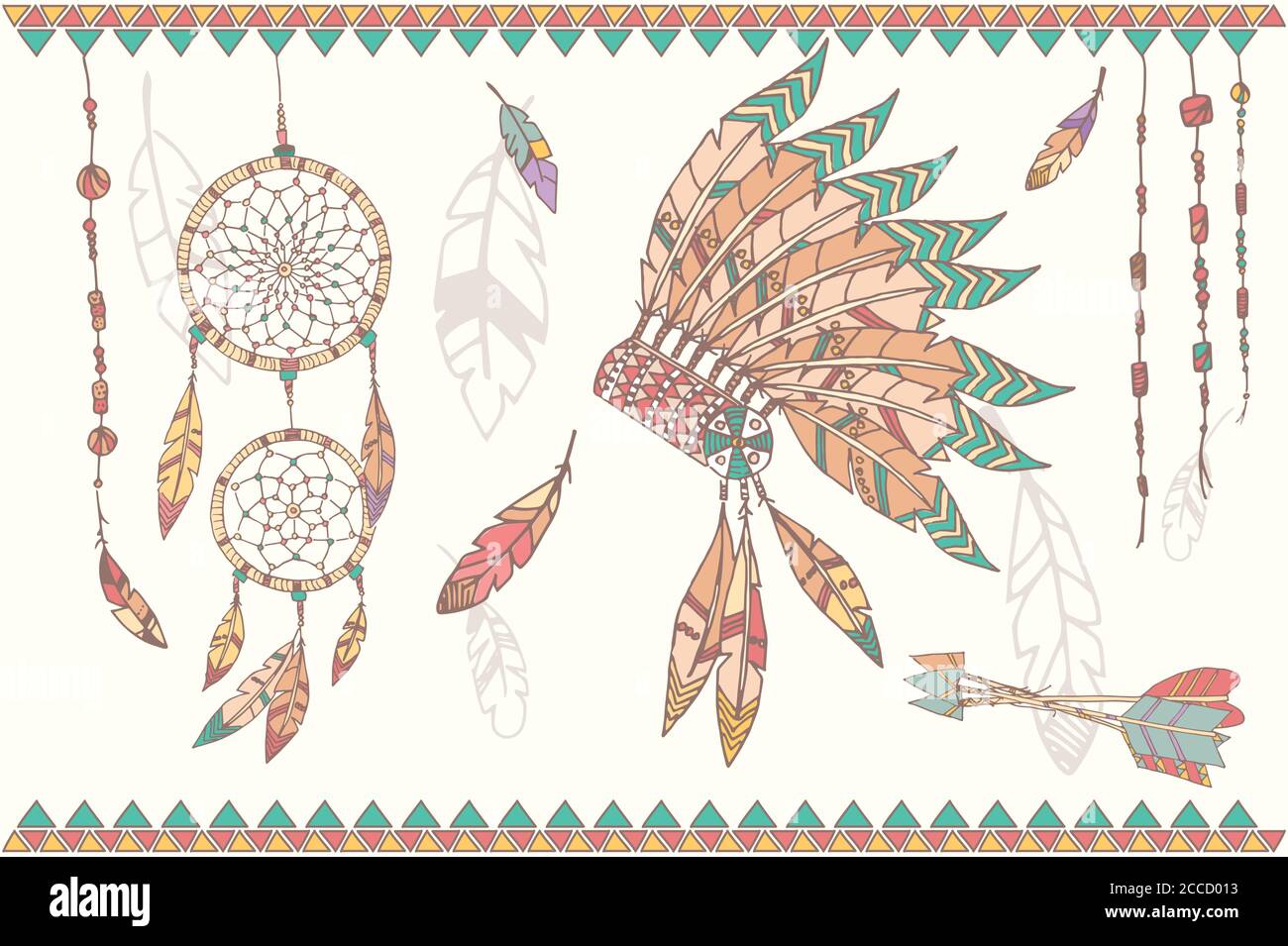 Hand drawn native american dream catcher, indian chief headdress, feathers, beads and arrows, vector illustration Stock Vector