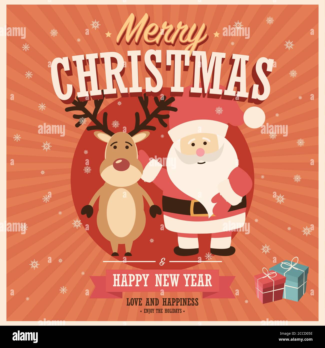 Merry Christmas card with Santa Claus and reindeer with gift boxes ...