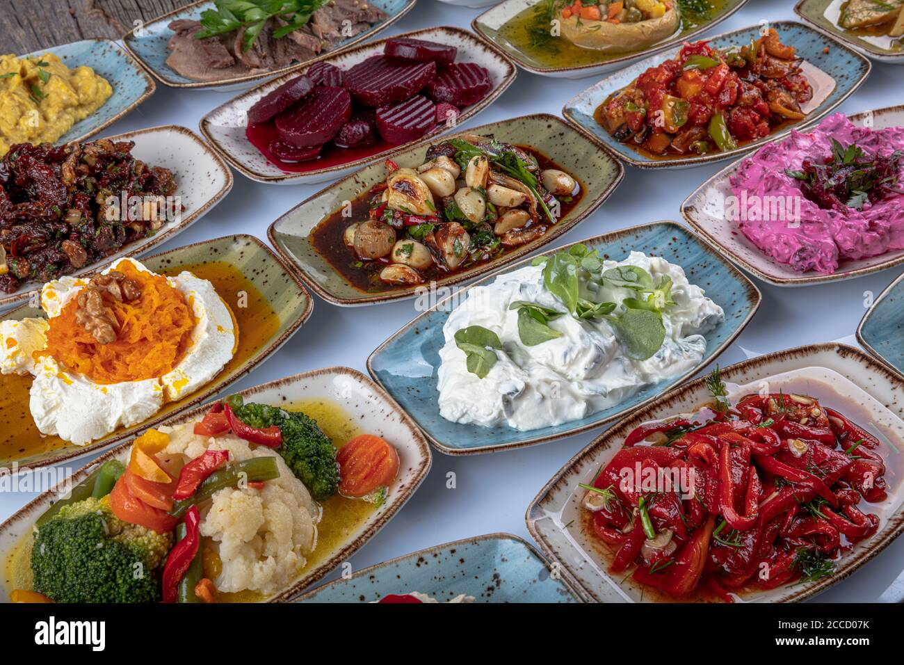 Traditional Turkish and Greek dinner meze table. Turkish Cuisine Cold
