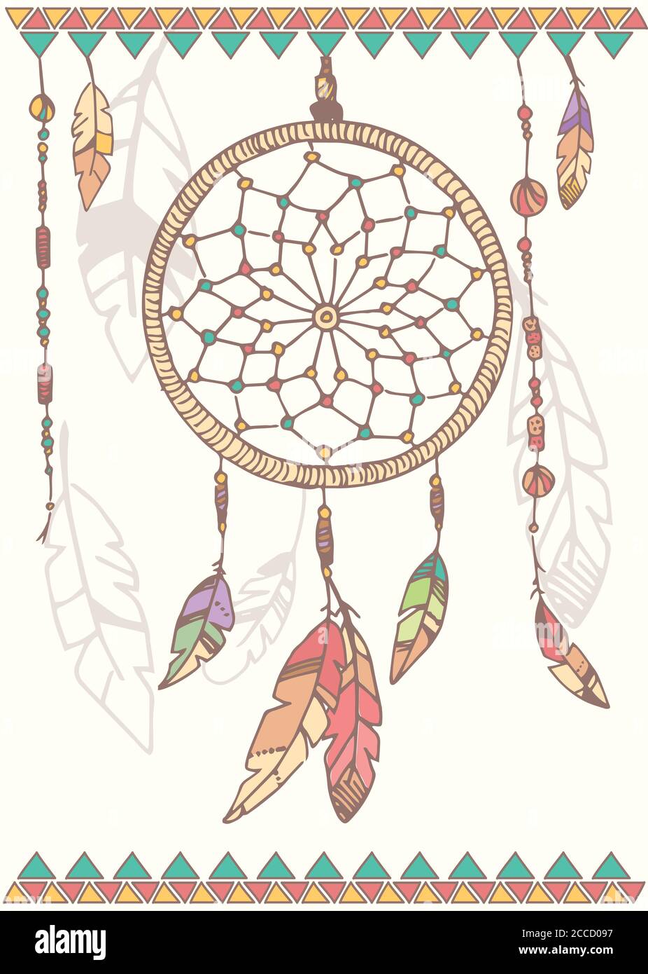 Hand drawn native american dream catcher, beads and feathers, vector