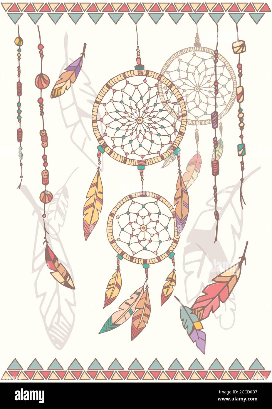 Hand drawn native american dream catcher, beads and feathers, vector