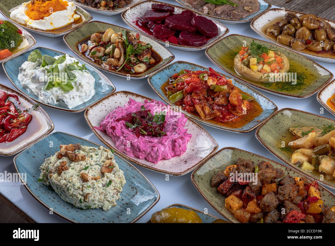 Traditional Turkish and Greek dinner meze table. Turkish Cuisine Cold