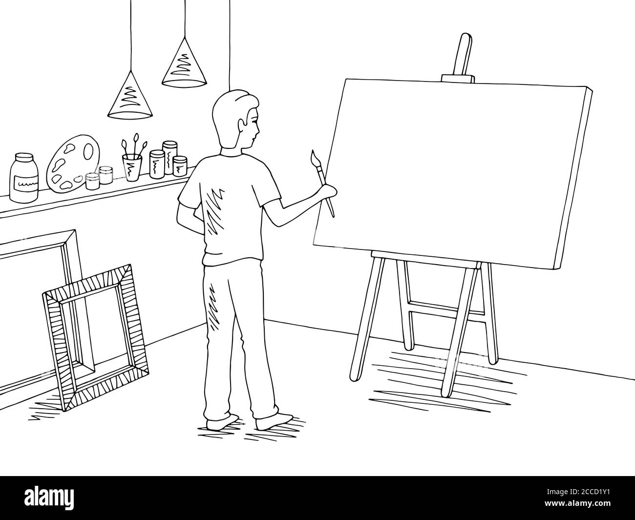 Boy painting a picture art workshop graphic black white interior sketch illustration vector Stock Vector