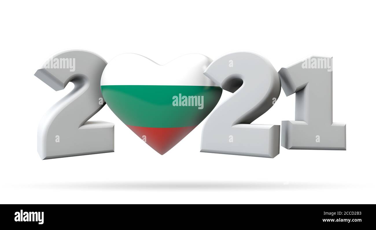 New year 2021 with bulgaria flag heart. 3D Rendering Stock Photo