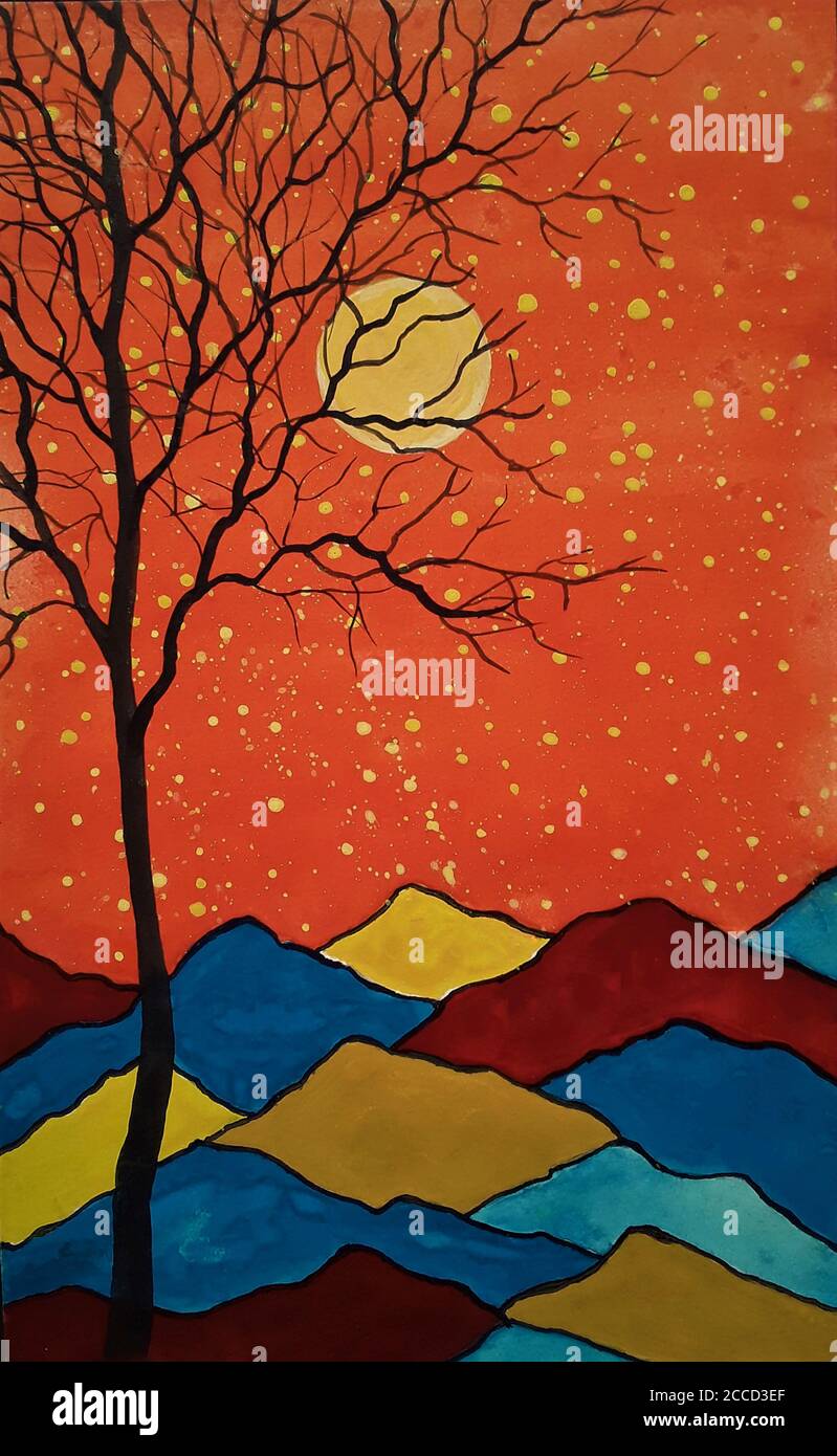 Gouache Painting Red Sky Moon Colourful Mountains And Tree Silhouette Stock Photo Alamy Gouache Painting Red Sky Moon Colourful Mountains And Tree Silhouette Stock Photo Alamy