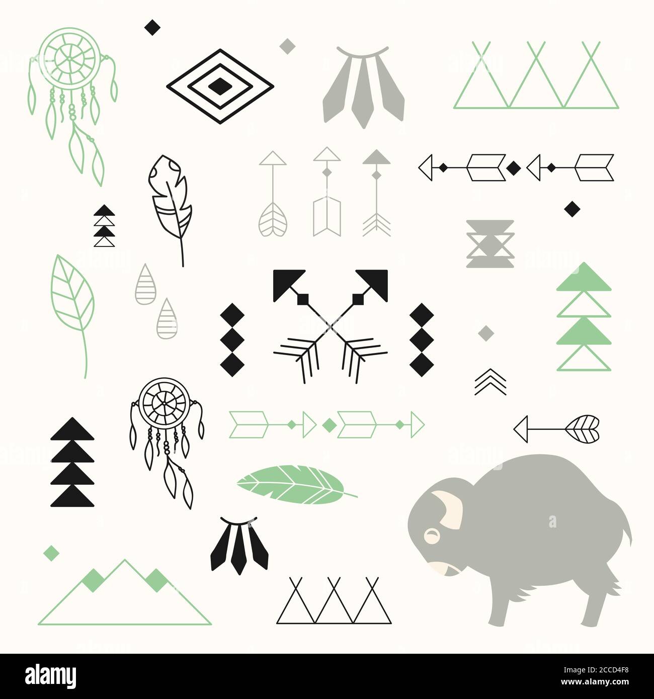 Collection of native American symbols with cute baby buffalo and dream catcher, vector illustration Stock Vector