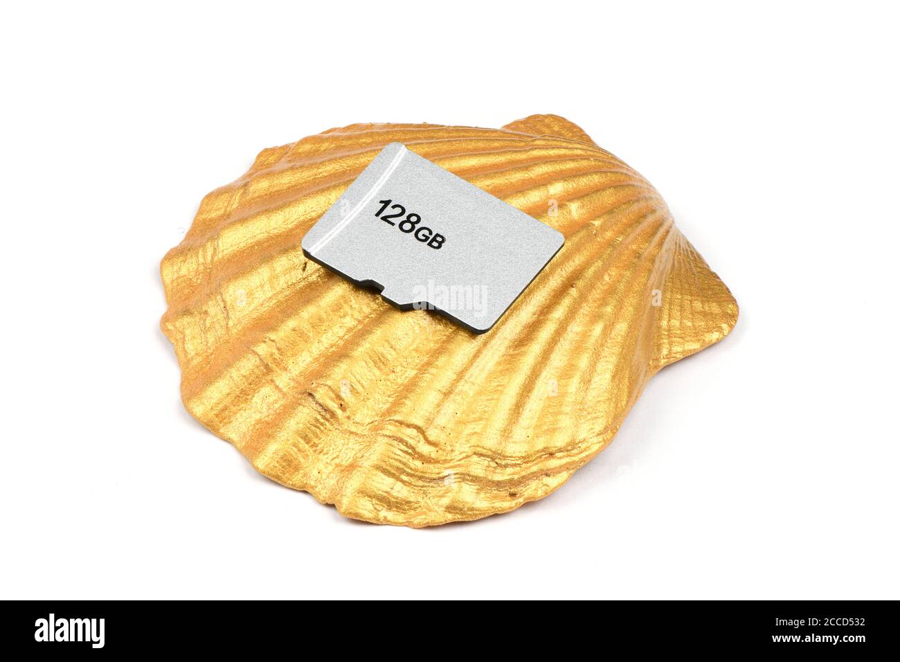 Memory Card Golde SD memory card on golden seashell isolated on white background. High ...