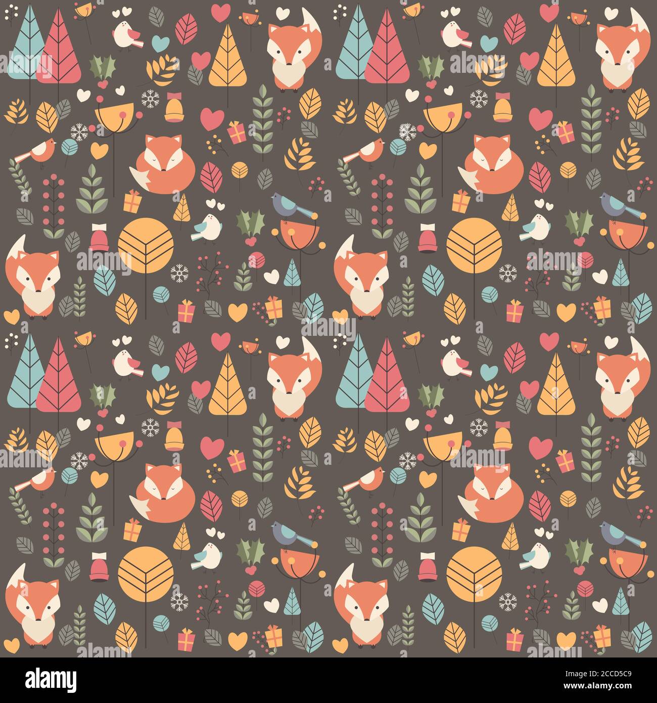 Seamless pattern with cute Christmas baby fox surrounded with floral ...