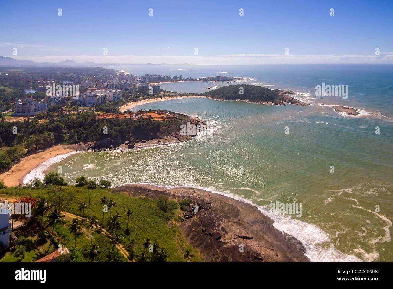 Aerial view of the Priest's, Bacutia and Peracanga beaches in Guarapari, Espirito Santo, Brazil. Stock Photo
