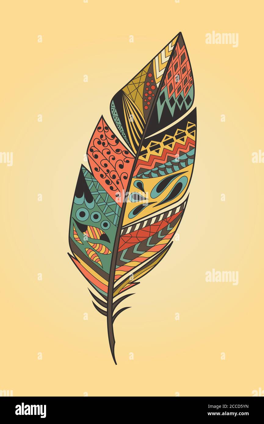 Vintage tribal ethnic hand drawn colorful feather, vector illustration ...