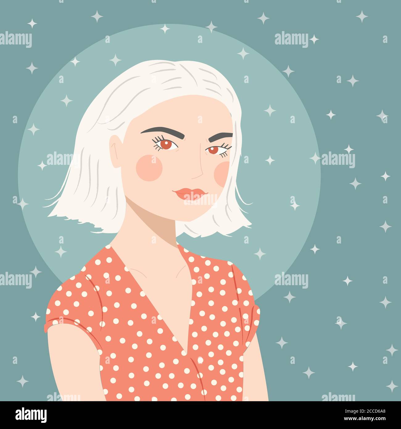 Portrait of a girl with white hair with patterned red blouse, on green ...
