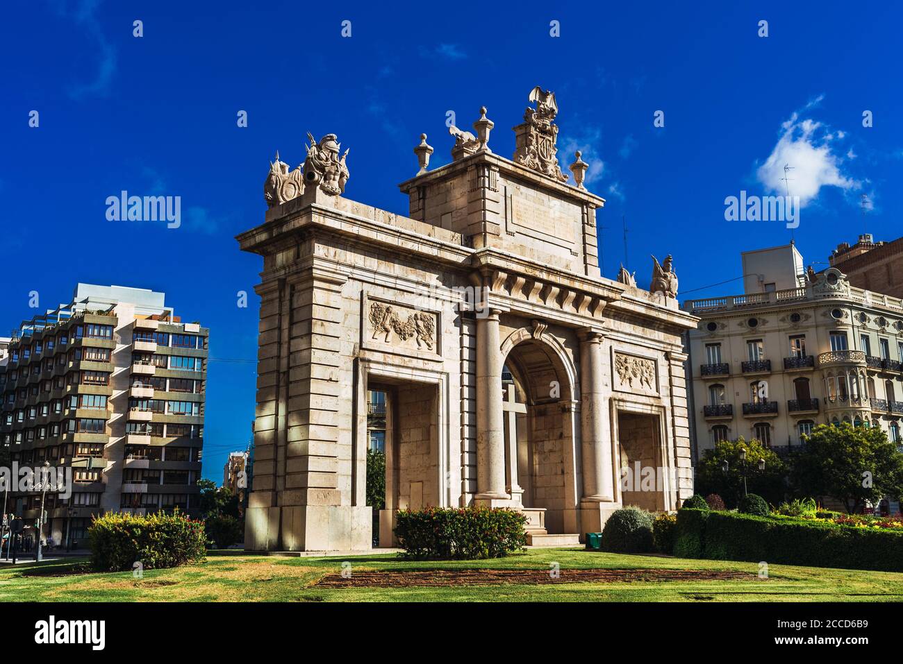 Porta del Mar, a square in the center of Valencia with a large stone  construction, with saturated colors Stock Photo - Alamy