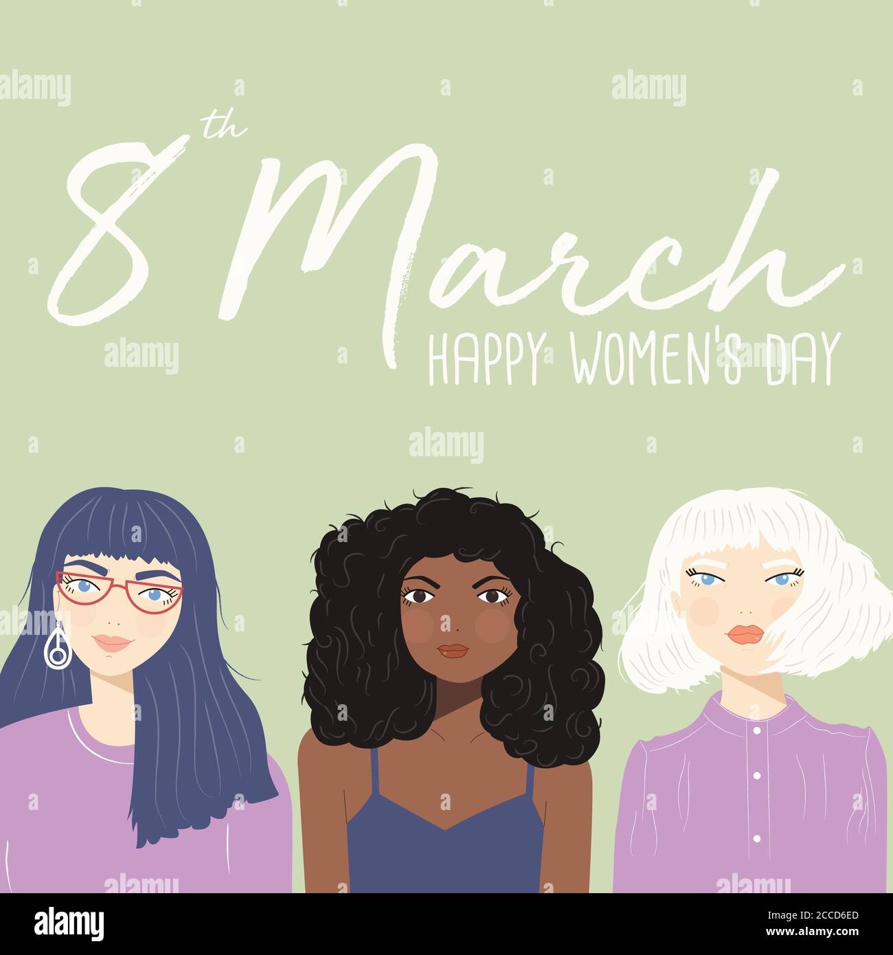 International Women's Day sign with portraits of three diverse women on green background, flat vector illustration Stock Vector