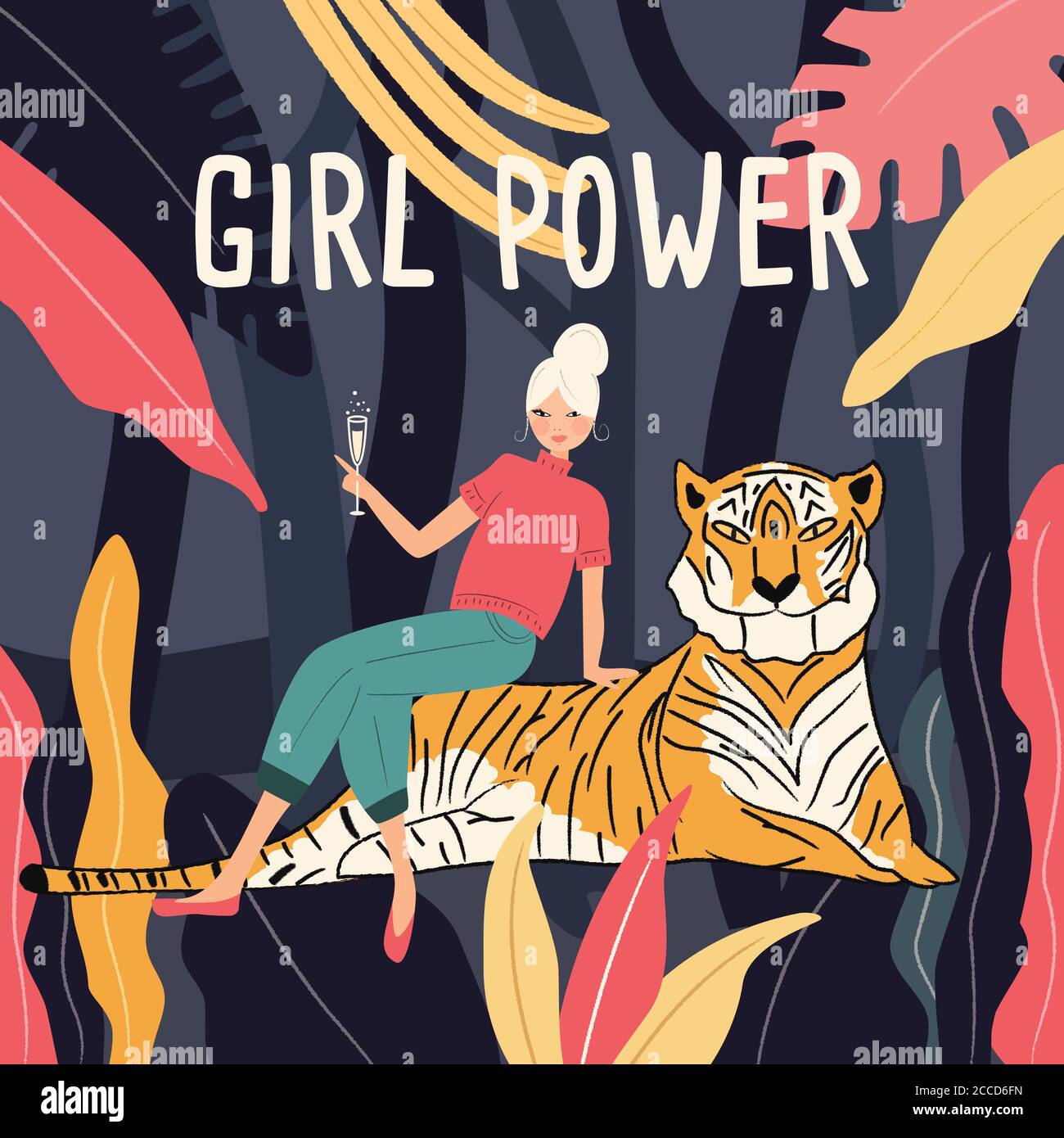 A woman in a jungle sitting on a tiger drinking champagne. Girl power feminism concept. Flat vector illustration Stock Vector