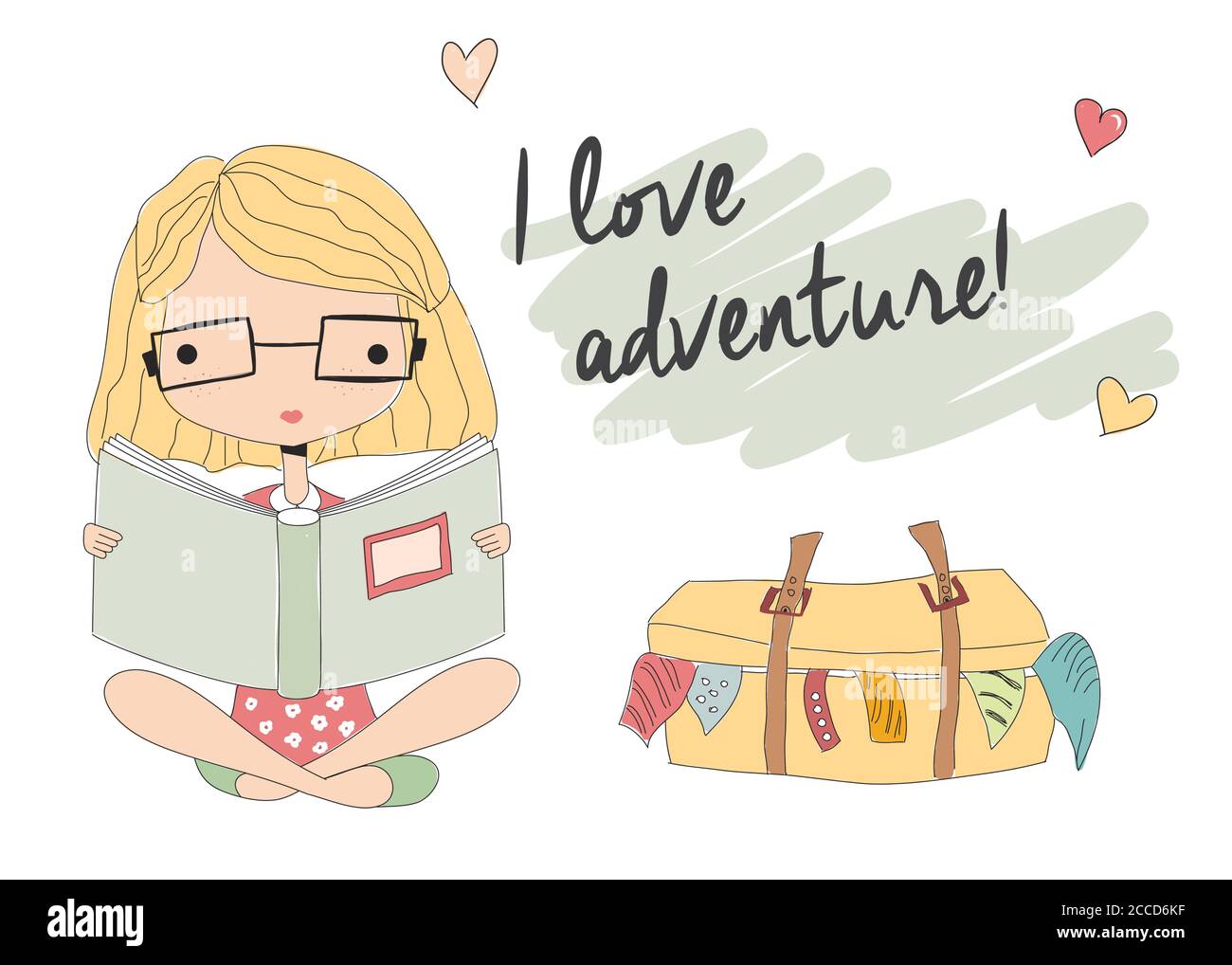 Young girl with glasses reading a book, packed suitcase, vector
