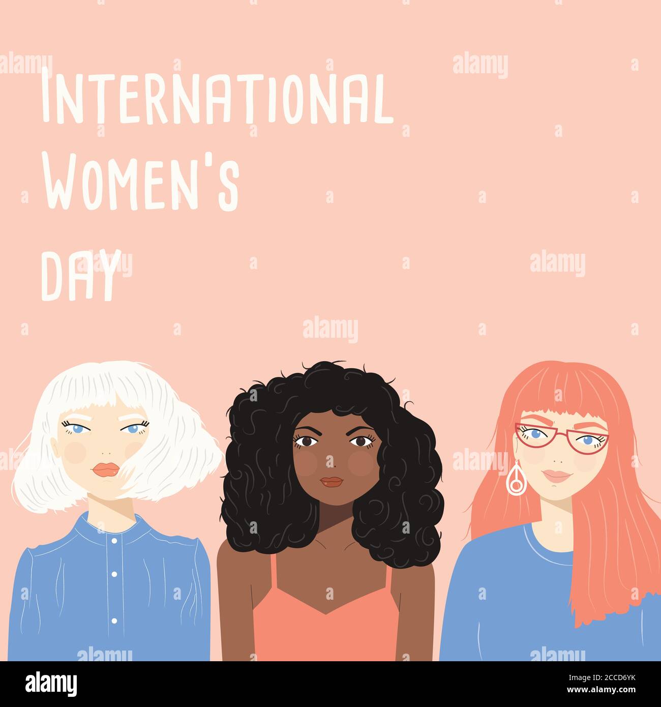 International Women's Day sign with portraits of three diverse women on pink background, flat vector illustration Stock Vector