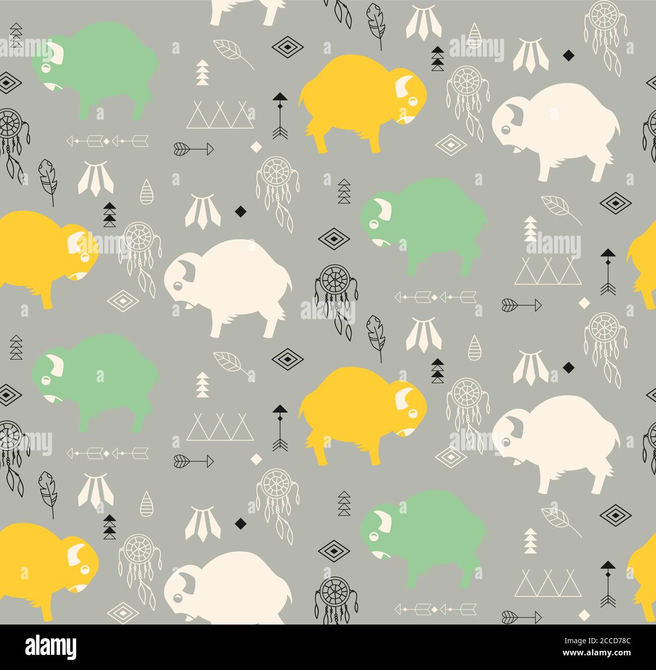 Seamless pattern with cute baby buffaloes and native American symbols, vector illustration Stock Vector